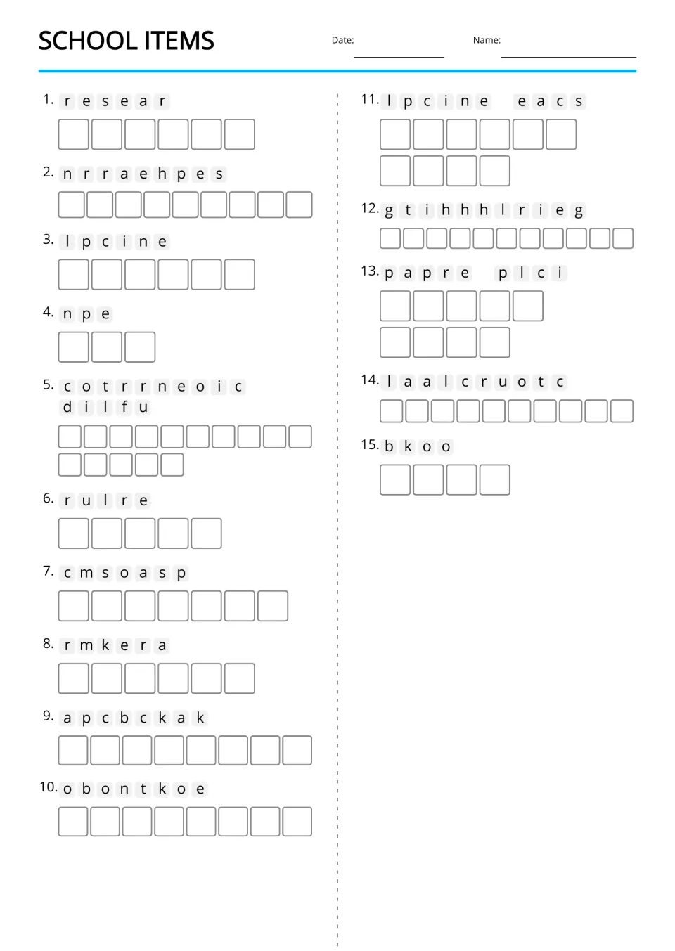Text-only anagrams review 15 school-item words, including eraser, correction fluid, pencil case, and book