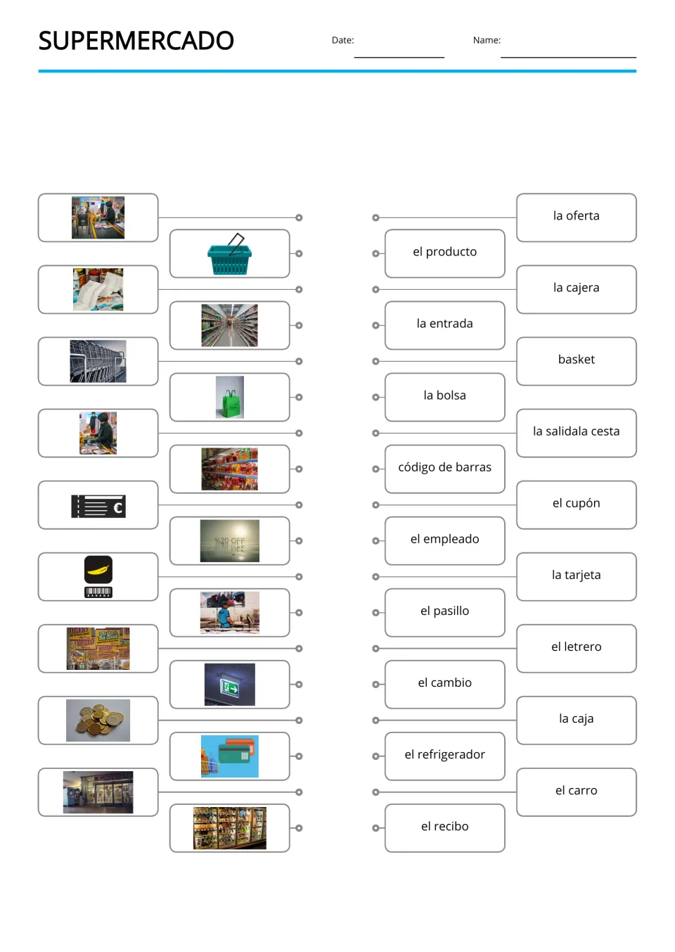 Supermercado picture-to-word match: students connect 18 store photos to Spanish words like la oferta and el cupón