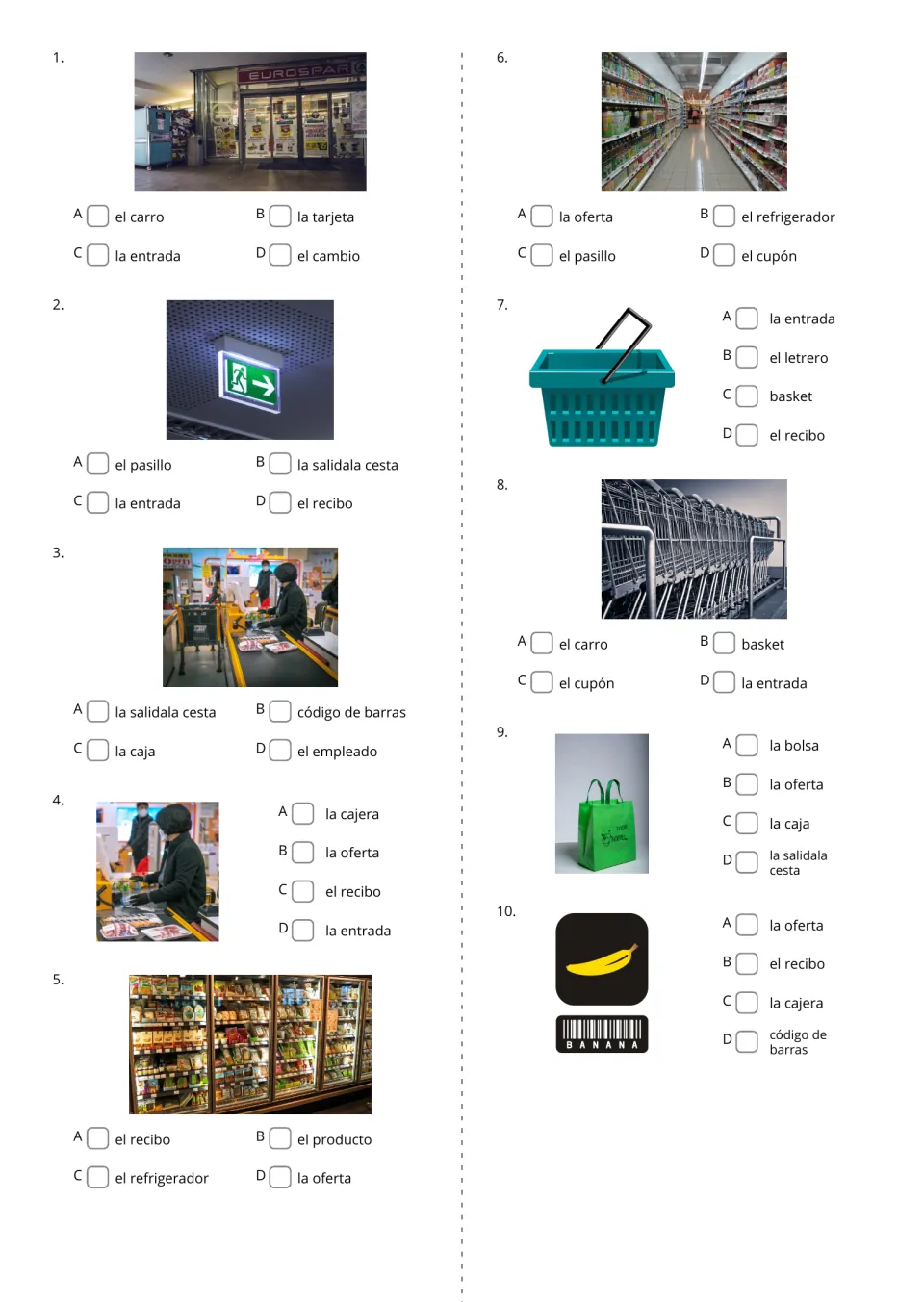 Word multiple choice, items 1-10: students view a store photo and tick its Spanish name, such as el pasillo or la bolsa