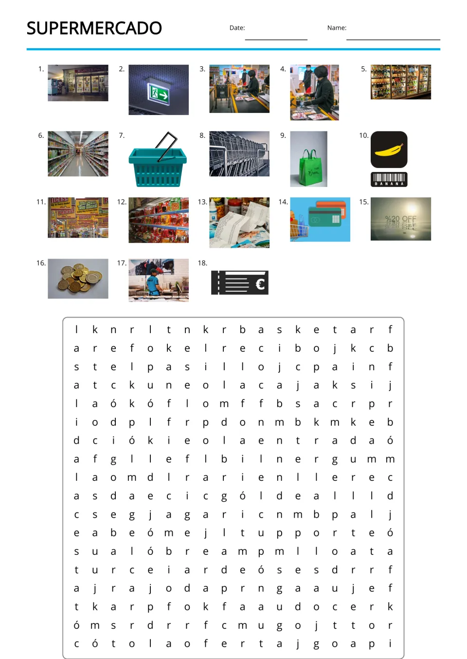 Supermercado word search: students find the Spanish words for 18 numbered store photos in a letter puzzle