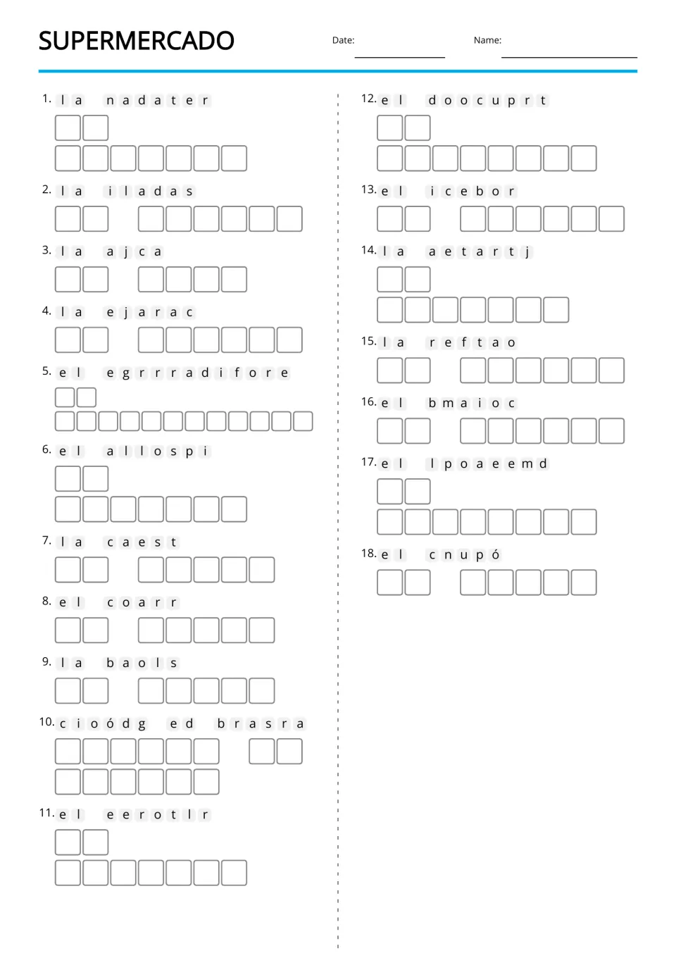 Supermercado scramble without pictures: students unscramble 18 Spanish words such as el recibo and la oferta