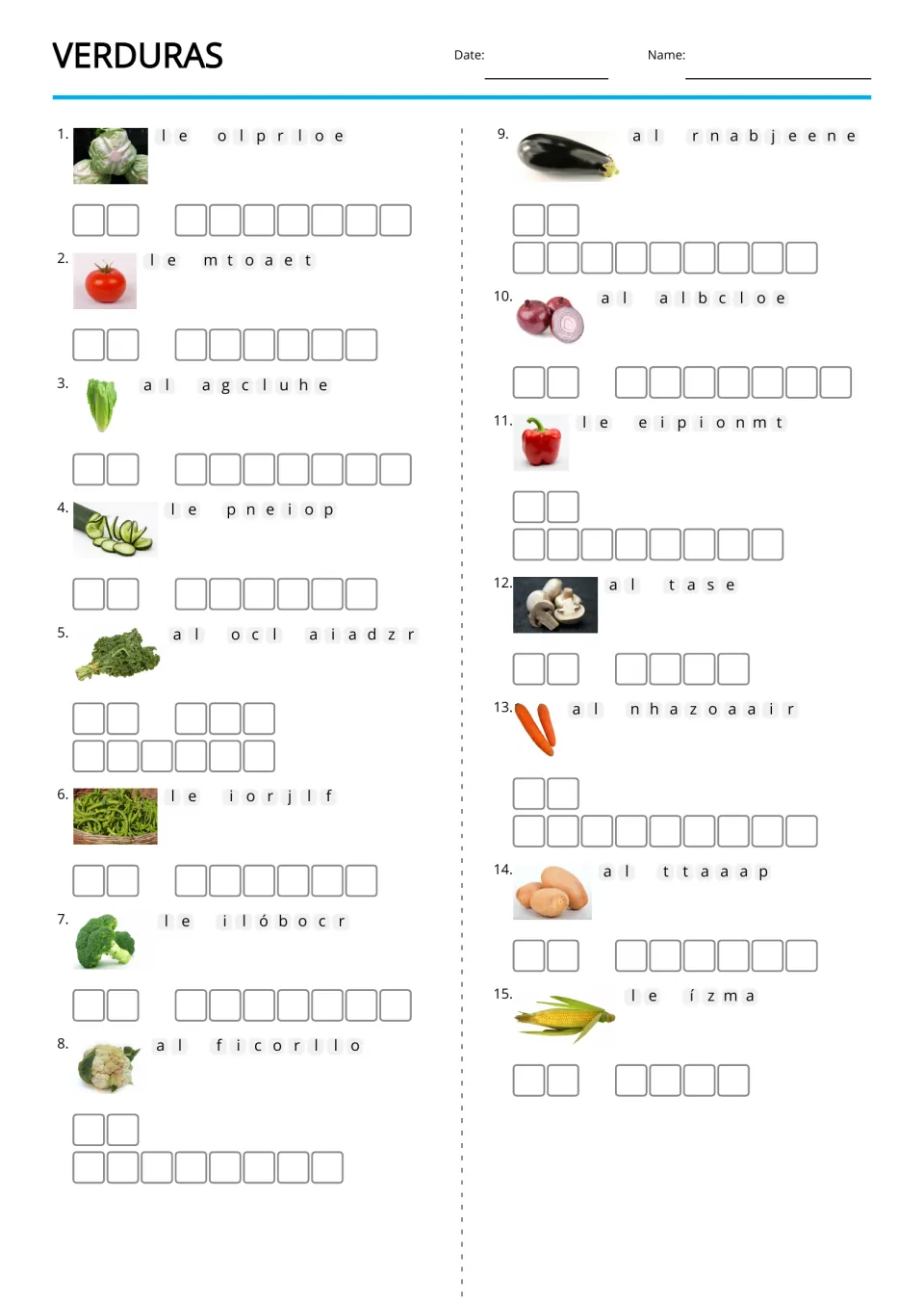Picture-supported Spanish anagrams for 15 vegetables, including el repollo (cabbage) and el tomate (tomato)