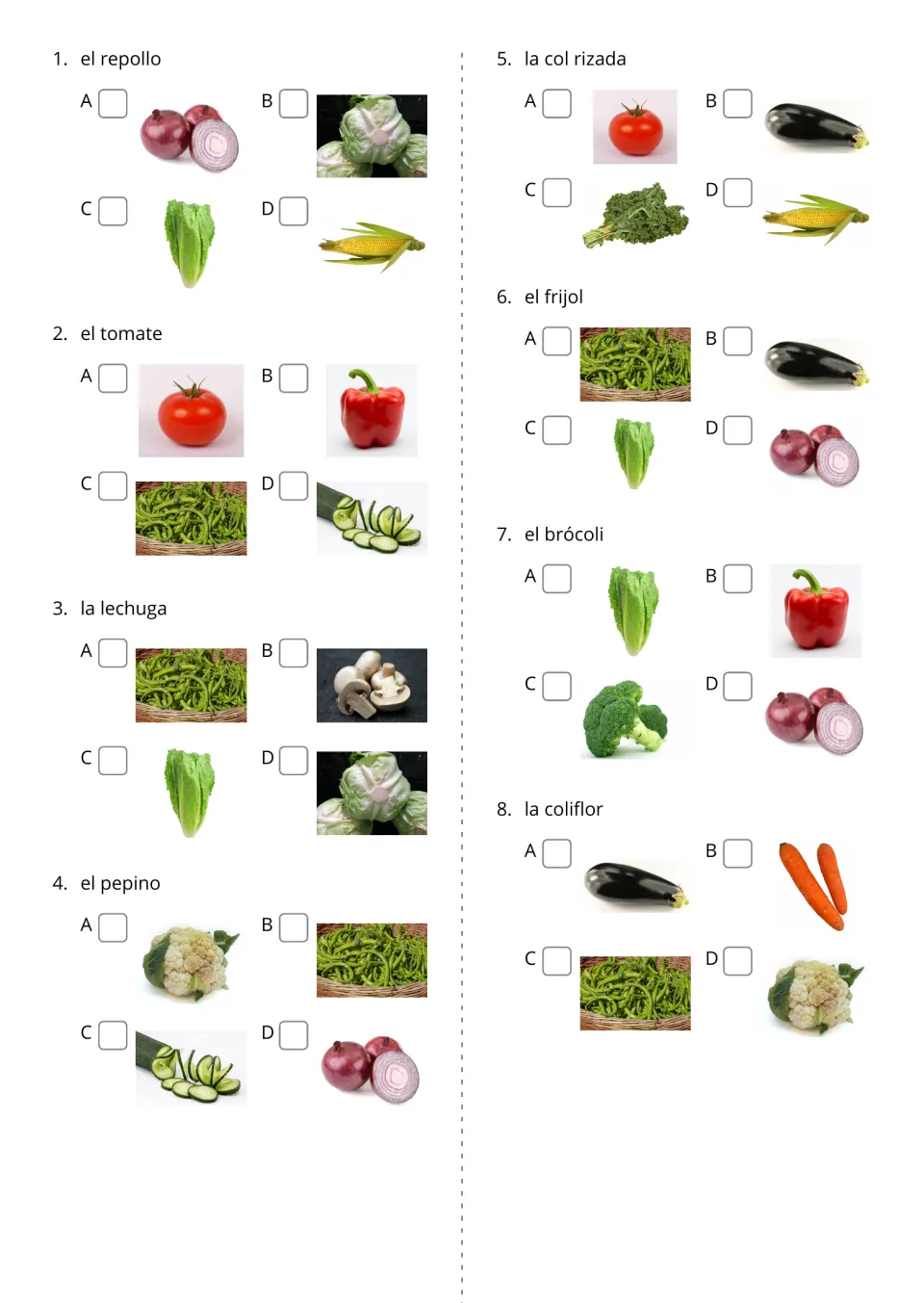 Spanish word-to-picture questions 1–8, from el repollo (cabbage) to la coliflor (cauliflower), with photo choices