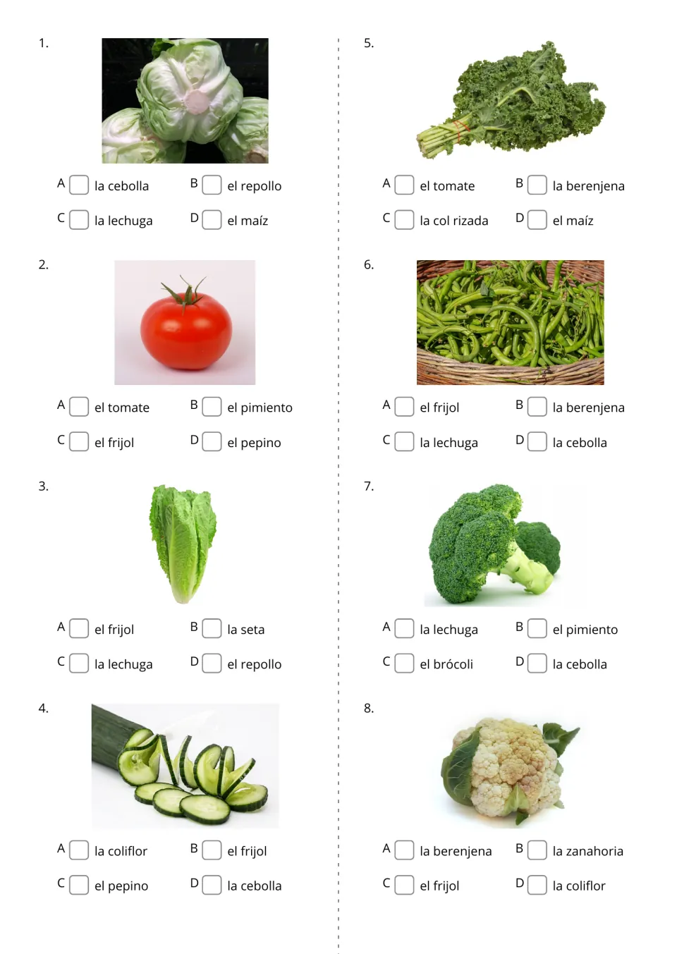 Spanish picture-to-word questions 1–8 show cabbage, tomato, lettuce, cucumber, kale, beans, broccoli, and cauliflower