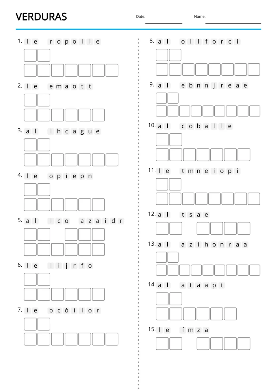Spanish vegetable anagrams without picture clues, covering 15 terms including la lechuga (lettuce)