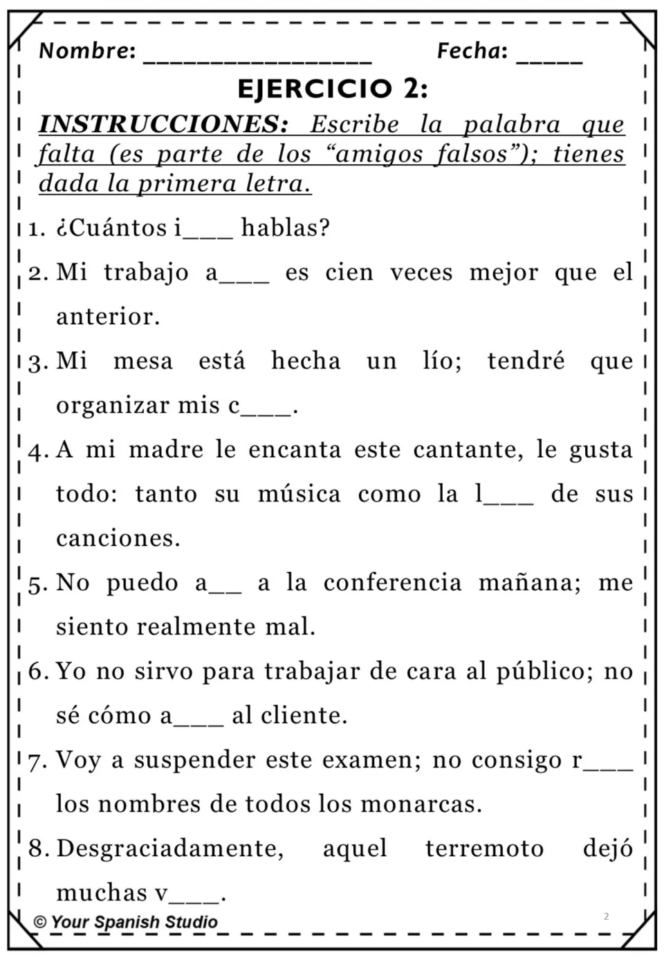 Exercise 2: complete eight Spanish sentences about languages, work, folders and more using first-letter clues.