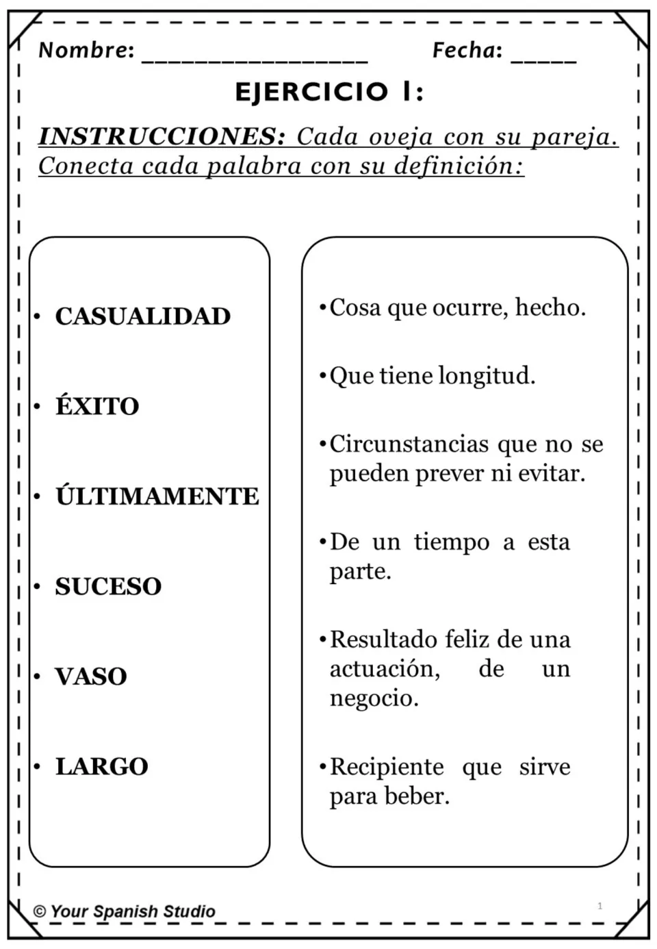 Spanish definition-matching assessment: casualidad (chance), éxito (success), vaso (glass) and three more.