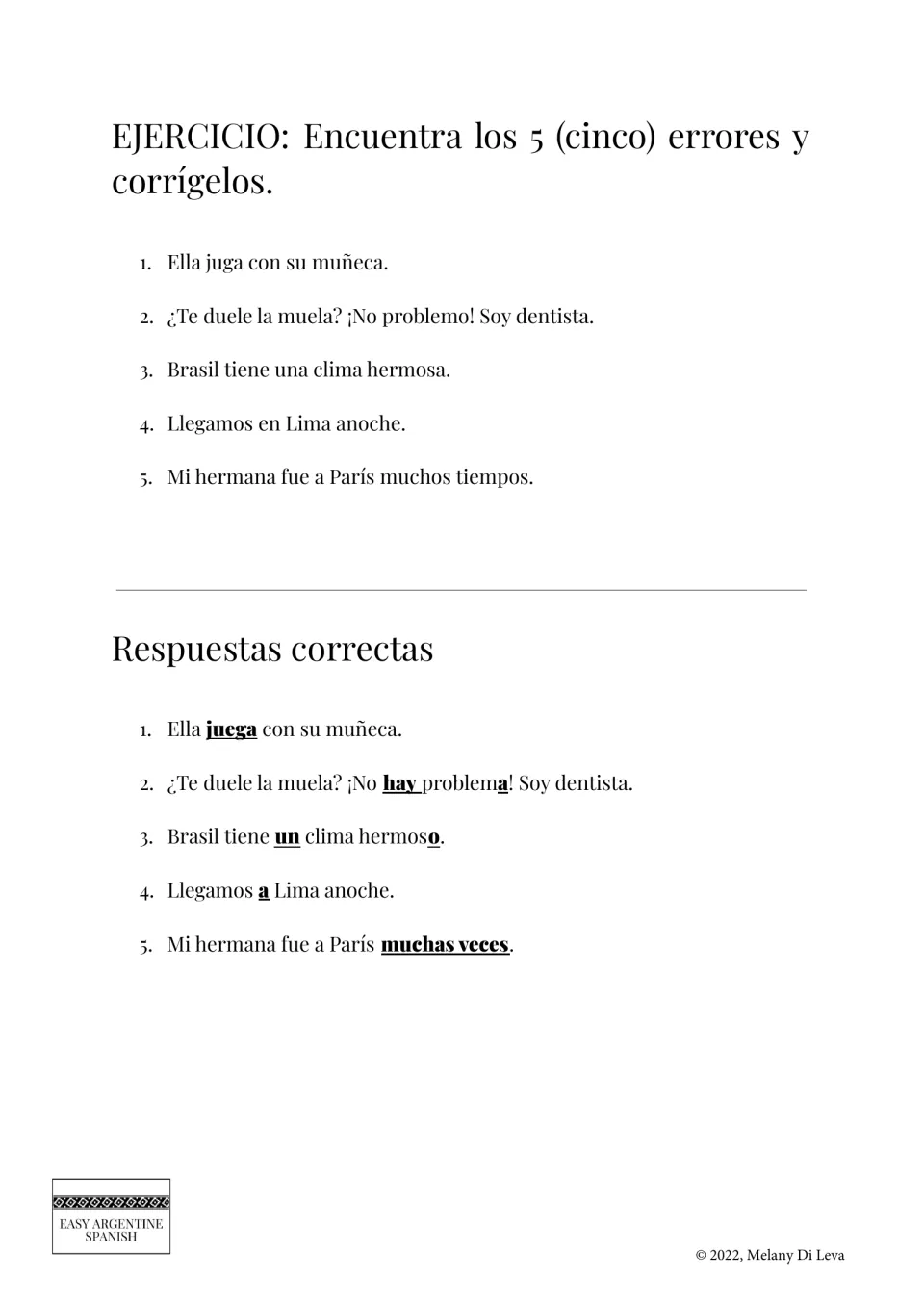 Error correction exercise: students find and fix 5 Spanish mistakes in sentences, with correct answers listed below