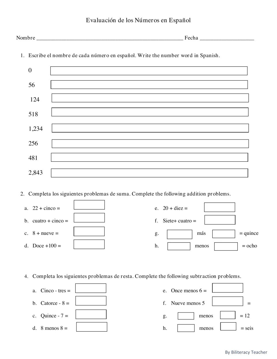 Spanish number assessment, page 1: write eight number names from 0 to 2,843 and solve addition and subtraction