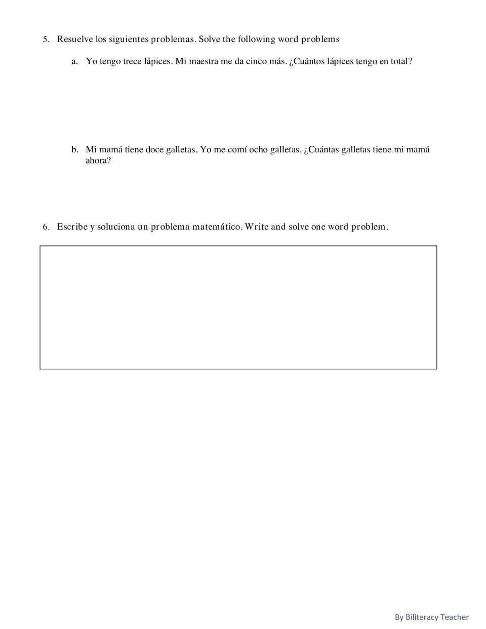 Spanish number assessment, page 2: solve word problems about pencils and cookies, then write and solve your own