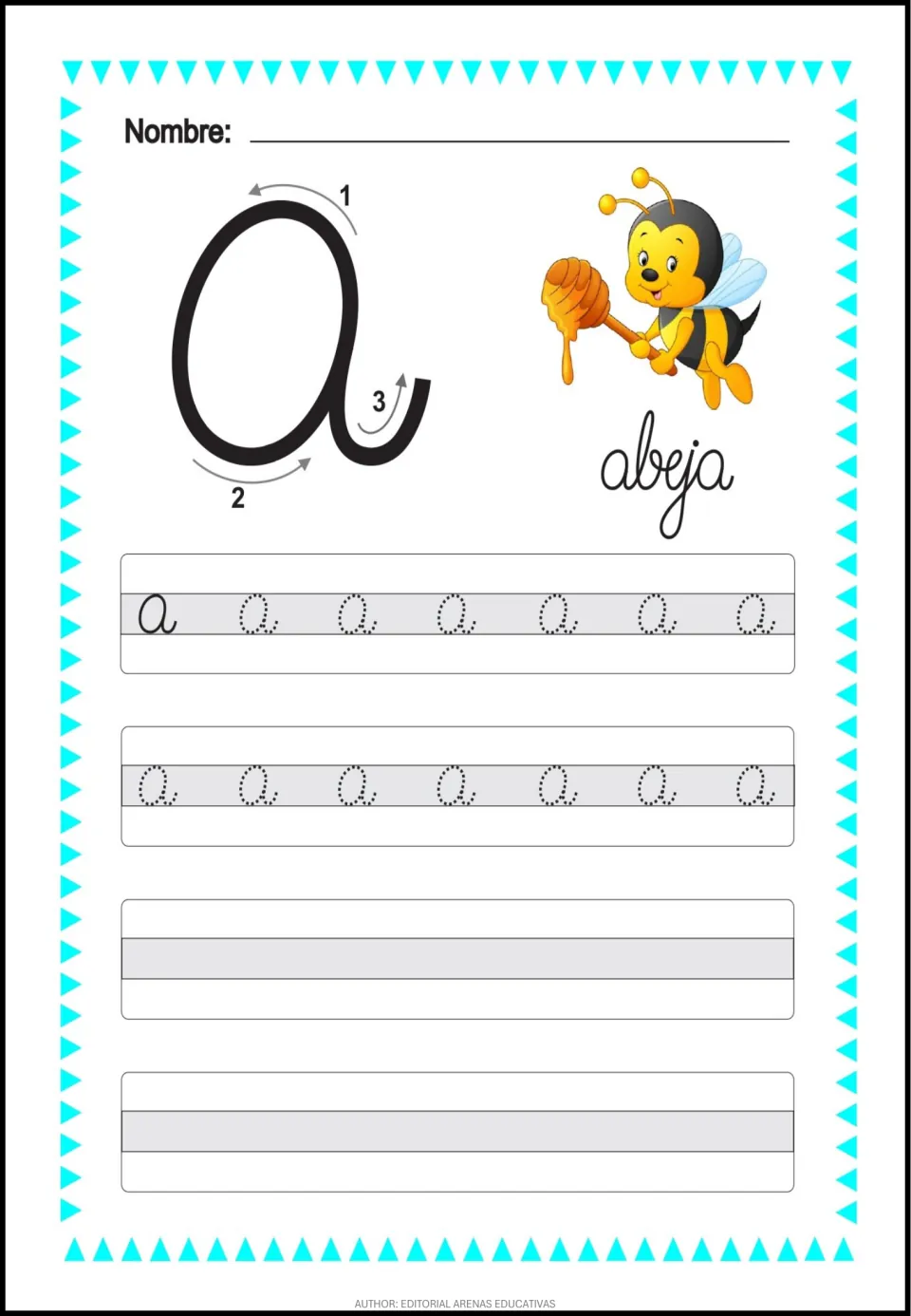 Cursive lowercase a practice with numbered stroke arrows, letter tracing, and the word abeja (bee)
