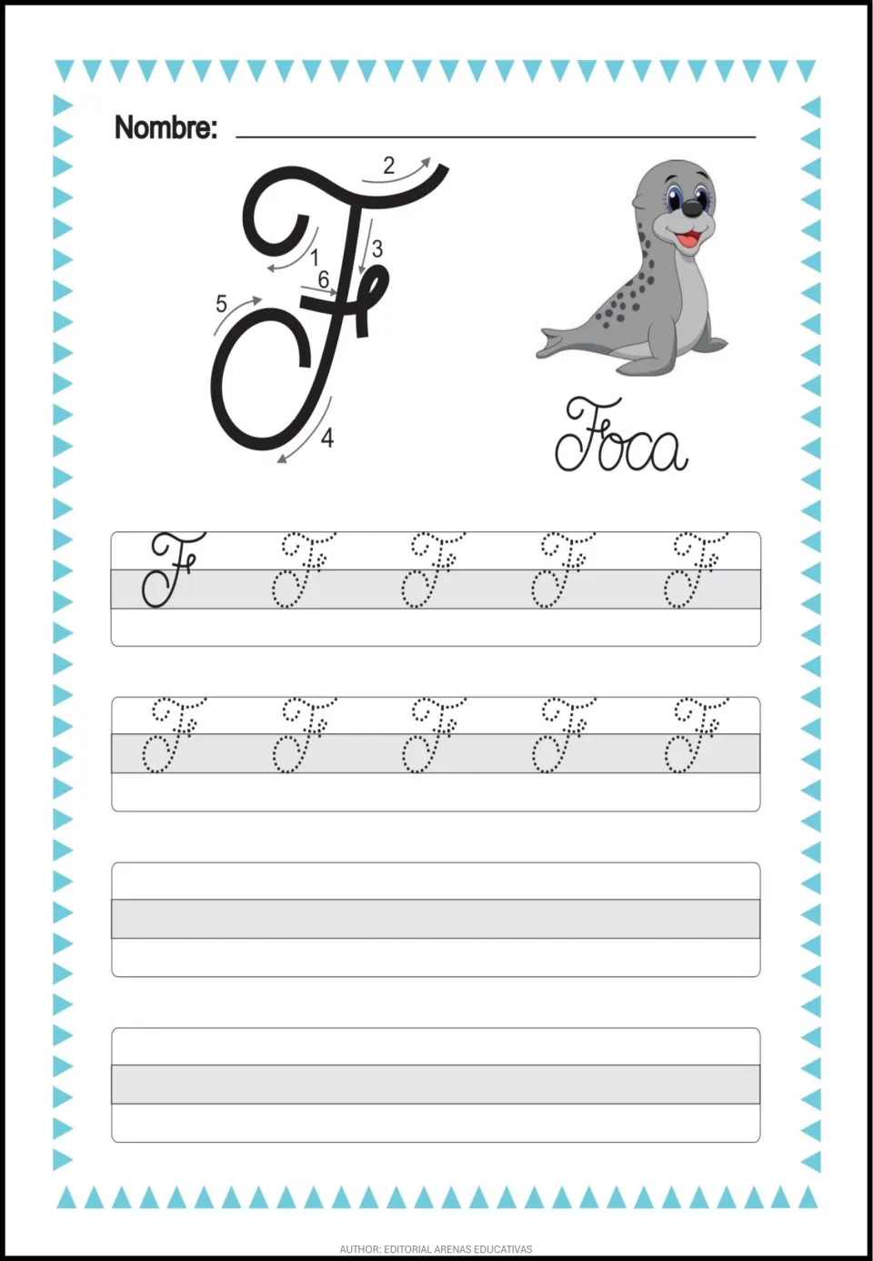 Cursive uppercase F practice with numbered stroke arrows, letter tracing, and the word Foca (seal)