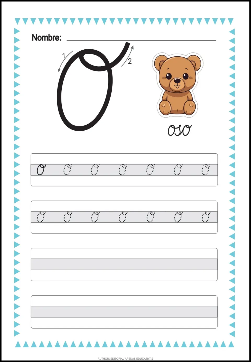 Cursive lowercase o practice with numbered stroke arrows, letter tracing, and the word oso (bear)