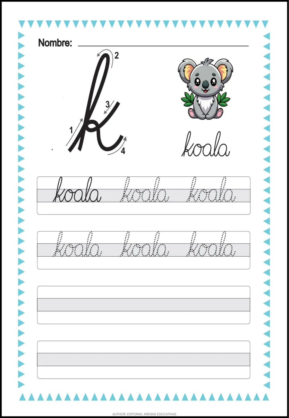 Cursive lowercase k stroke practice and tracing of koala (koala), followed by independent writing space