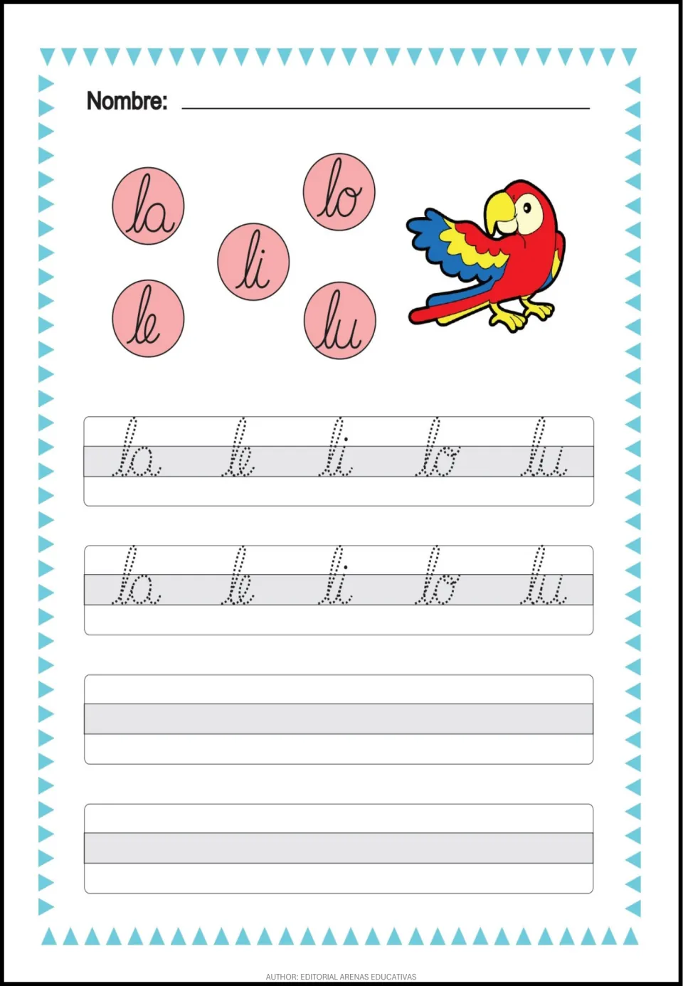 Spanish cursive syllable practice for la, le, li, lo, and lu, with repeated tracing models and writing space