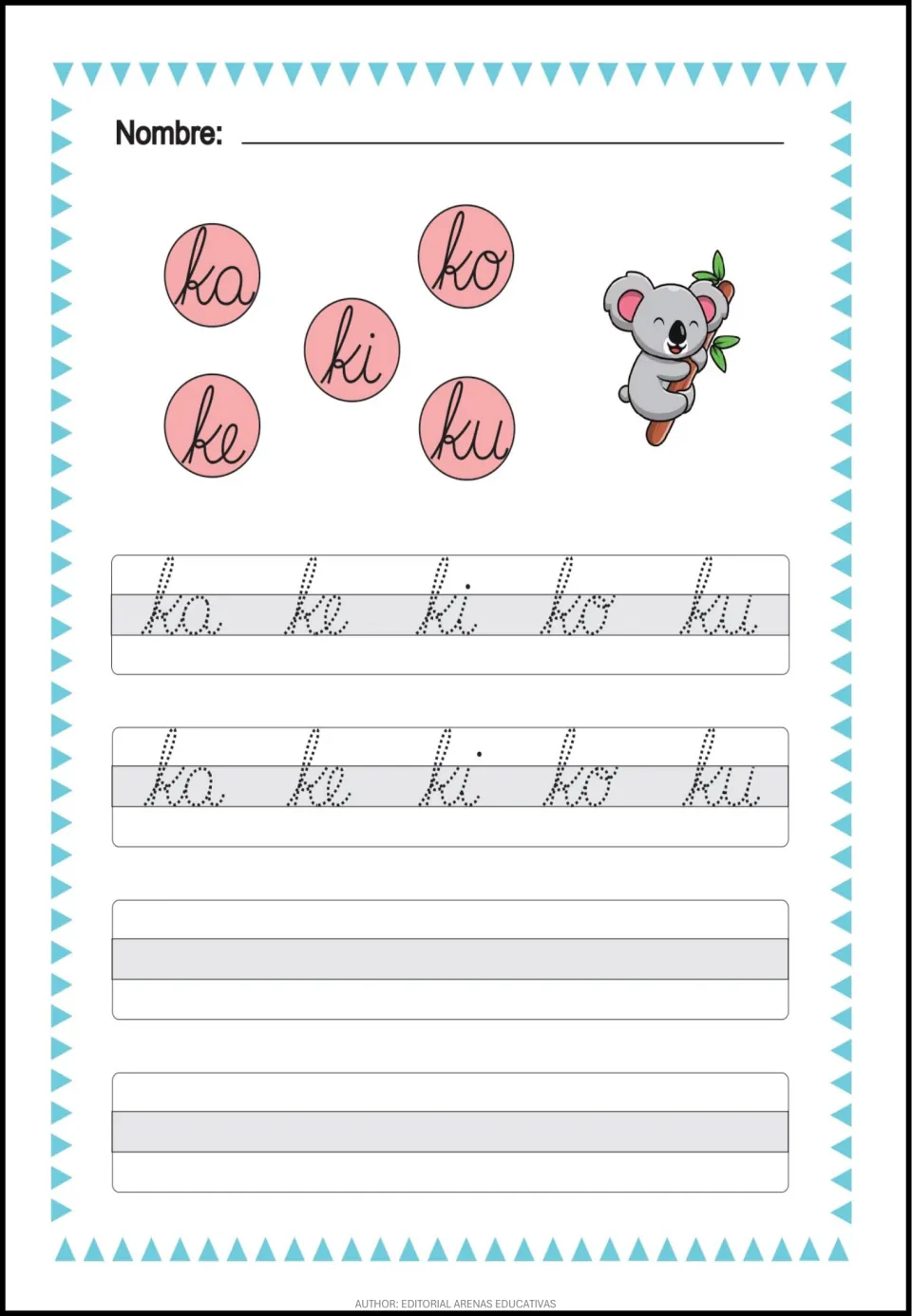 Spanish cursive syllable practice for ka, ke, ki, ko, and ku, with repeated tracing models and writing space