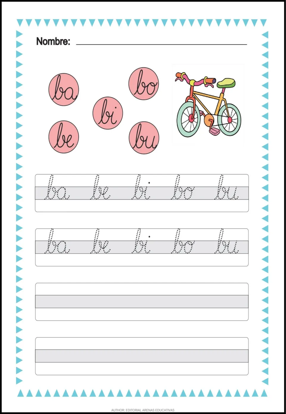 Spanish cursive syllable practice for ba, be, bi, bo, and bu, with repeated tracing models and writing space