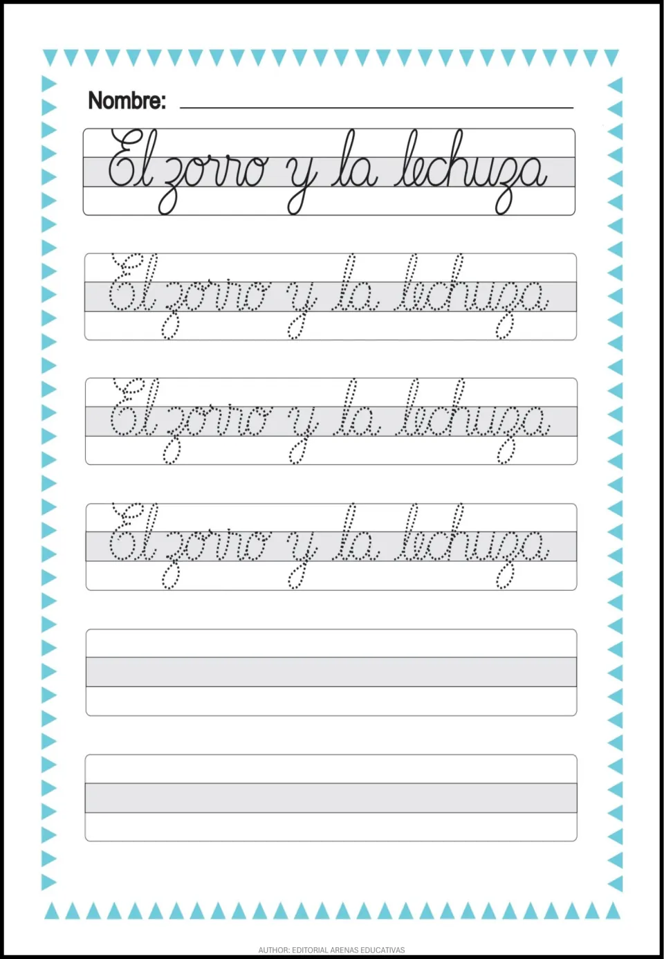 Spanish cursive phrase tracing: 'El zorro y la lechuza' (The fox and the owl), with independent writing space