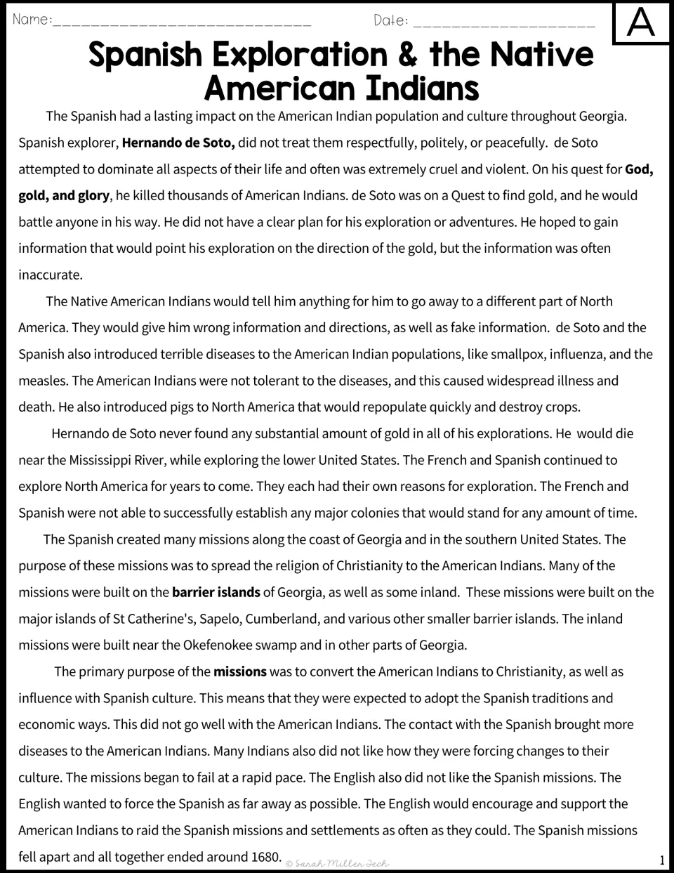 Passage A covers Hernando de Soto, Spanish missions in Georgia, and their effects on Native Americans.
