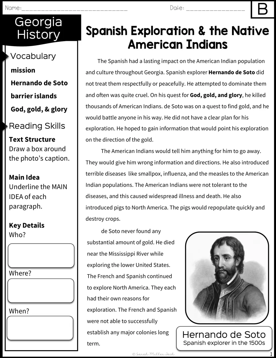 Passage B begins with de Soto's search for gold and includes vocabulary, main idea prompts, and his portrait.