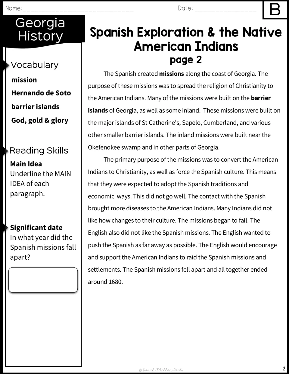 Passage B continues with Georgia's Spanish missions, cultural changes, and a question about their end date.