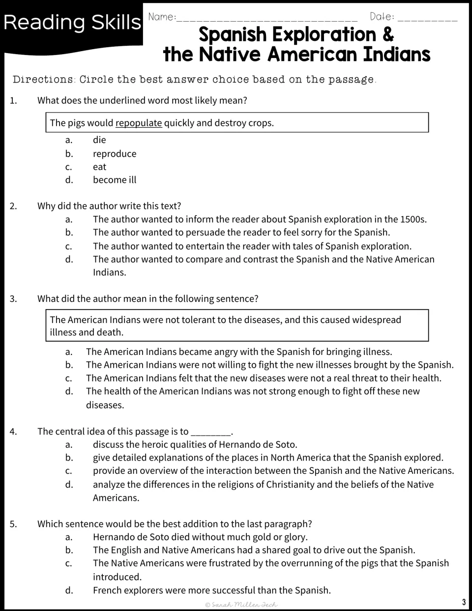 Five reading questions address repopulate, author's purpose, disease, central idea, and a sentence addition.
