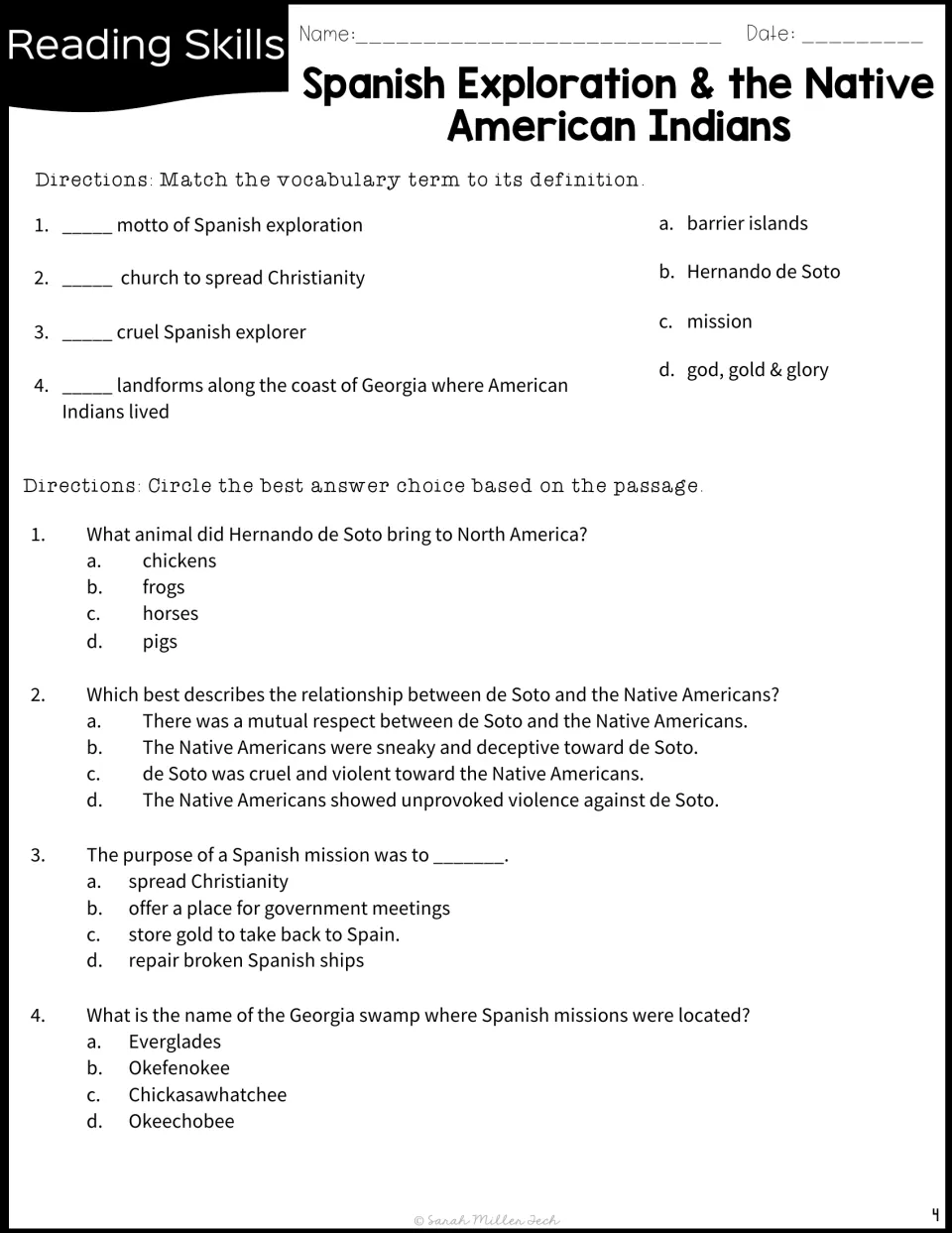 Vocabulary matching covers four terms; questions 1–4 review pigs, de Soto, missions, and the Okefenokee.