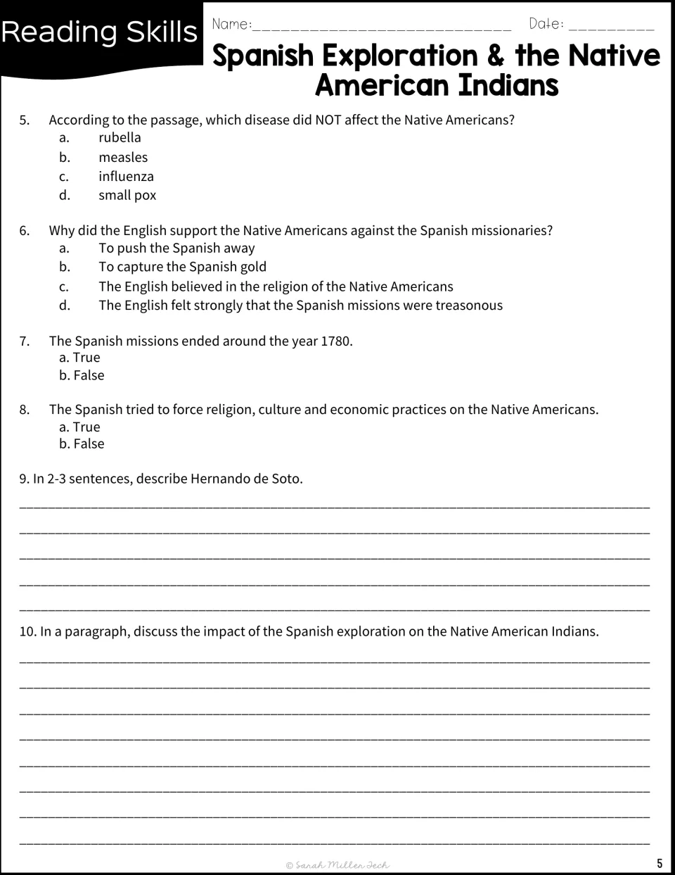 Questions 5–10 cover diseases, English support, Spanish missions, and written responses about de Soto's impact.