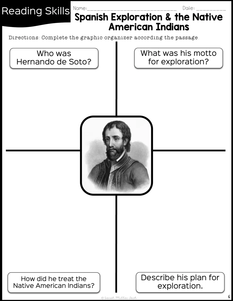 Graphic organizer asks who de Soto was, his exploration motto and plan, and how he treated Native Americans.