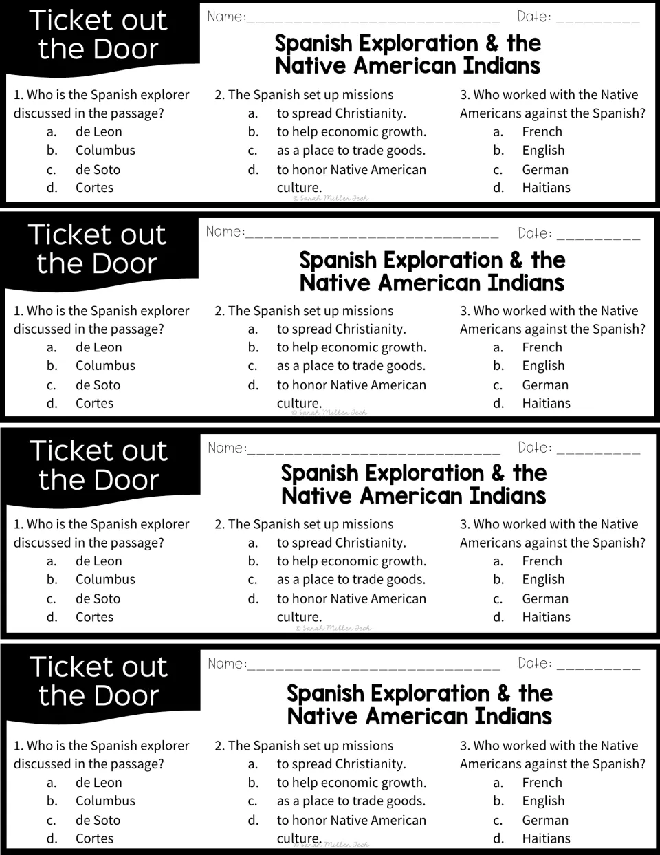 Four identical exit tickets each ask three questions about de Soto, Spanish missions, and English support.