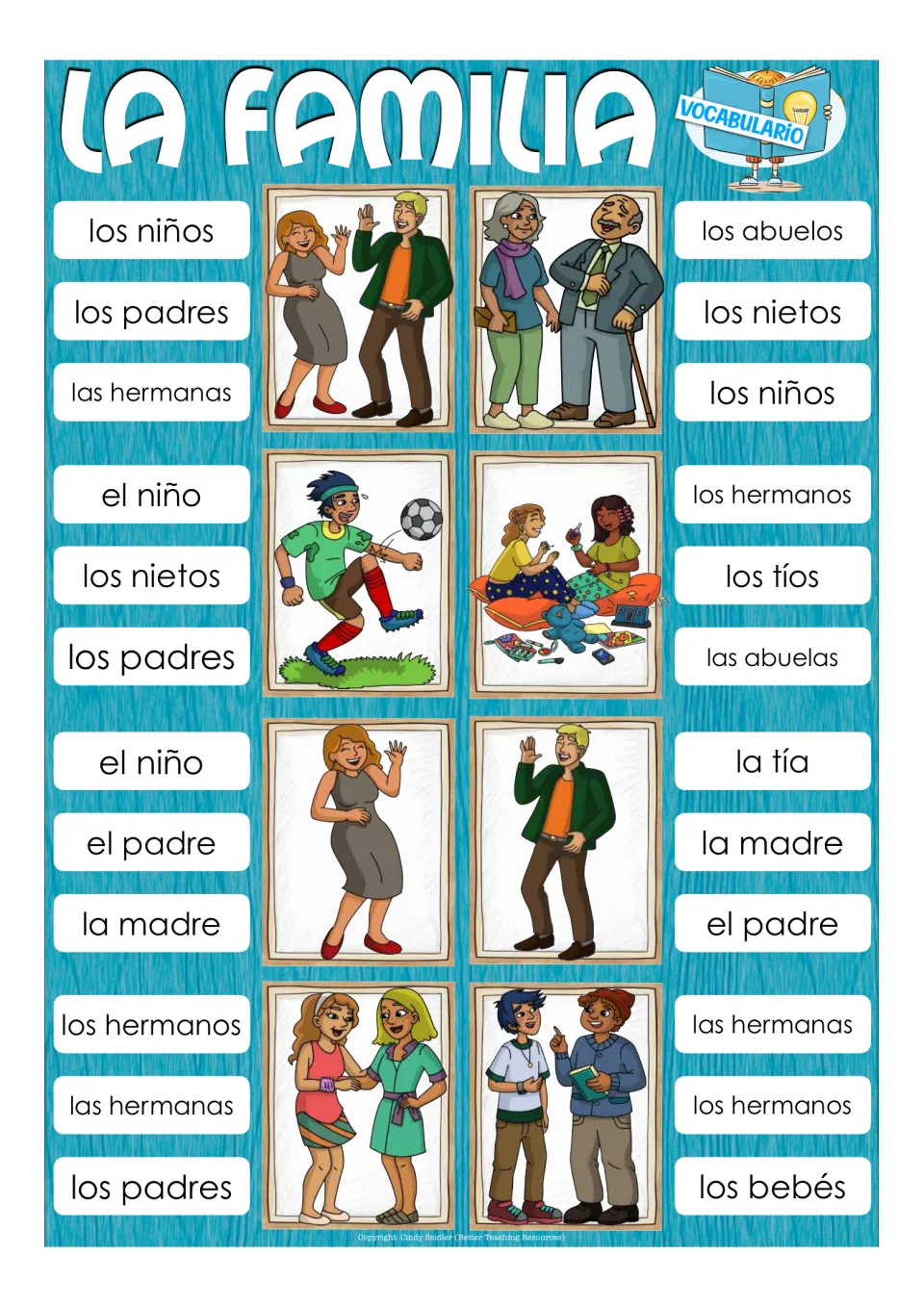 Family vocabulary clip cards: students match pictures of family members to one of three Spanish words, such as los abuelos