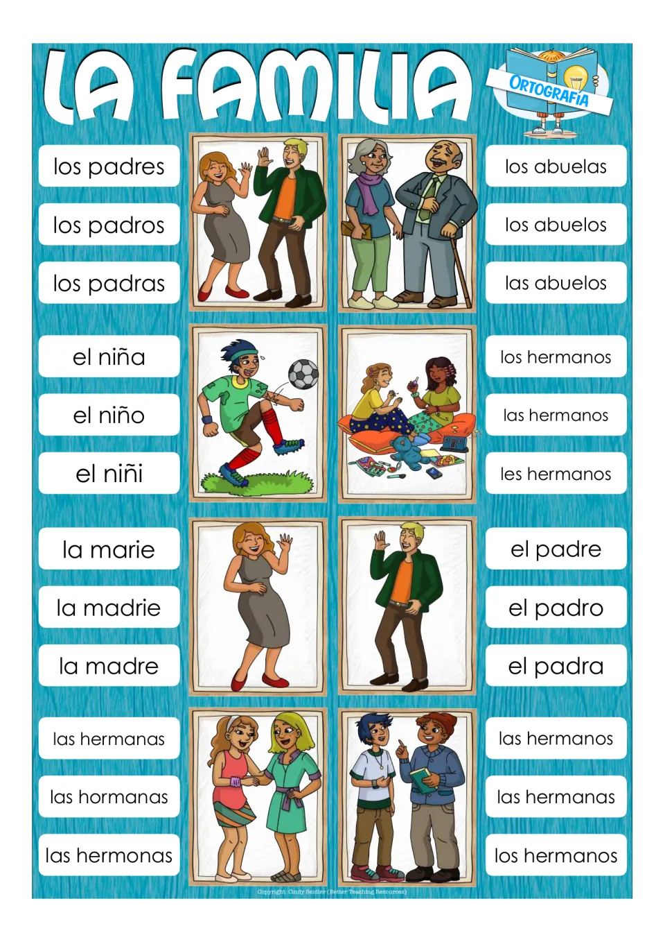 Family word spelling clip cards: students pick the correct spelling among three, e.g. la madre, la madrie, la marie