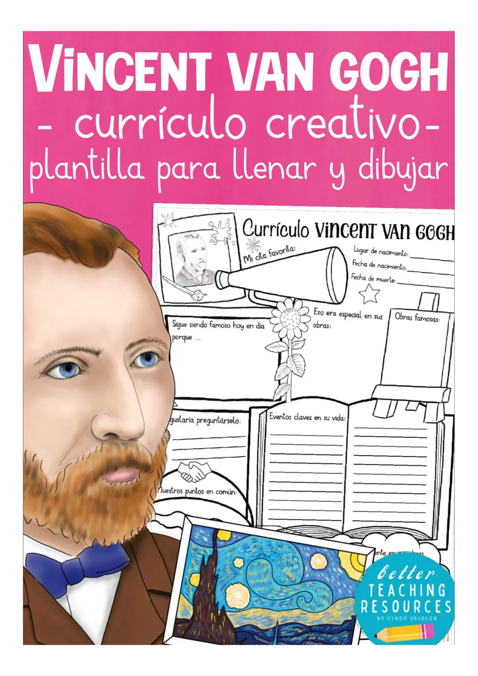 Cover of the Spanish Vincent van Gogh creative resume resource, showing a template preview and his portrait