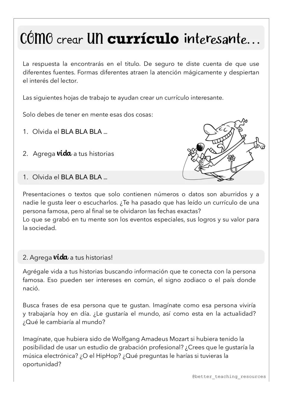 Spanish directions for creating an interesting resume through memorable events, shared interests, and quotes