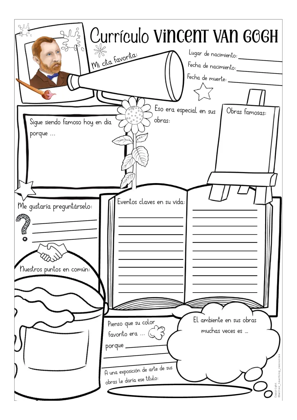 Guided Spanish van Gogh resume template with a color portrait, birth and death dates, and famous works prompts