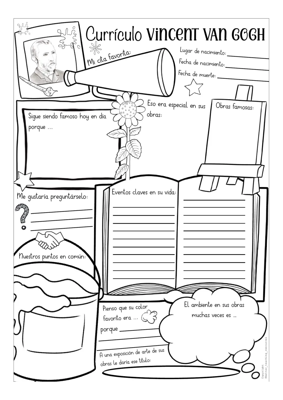 Guided Spanish van Gogh resume template with a grayscale portrait, favorite quote prompt, and life events