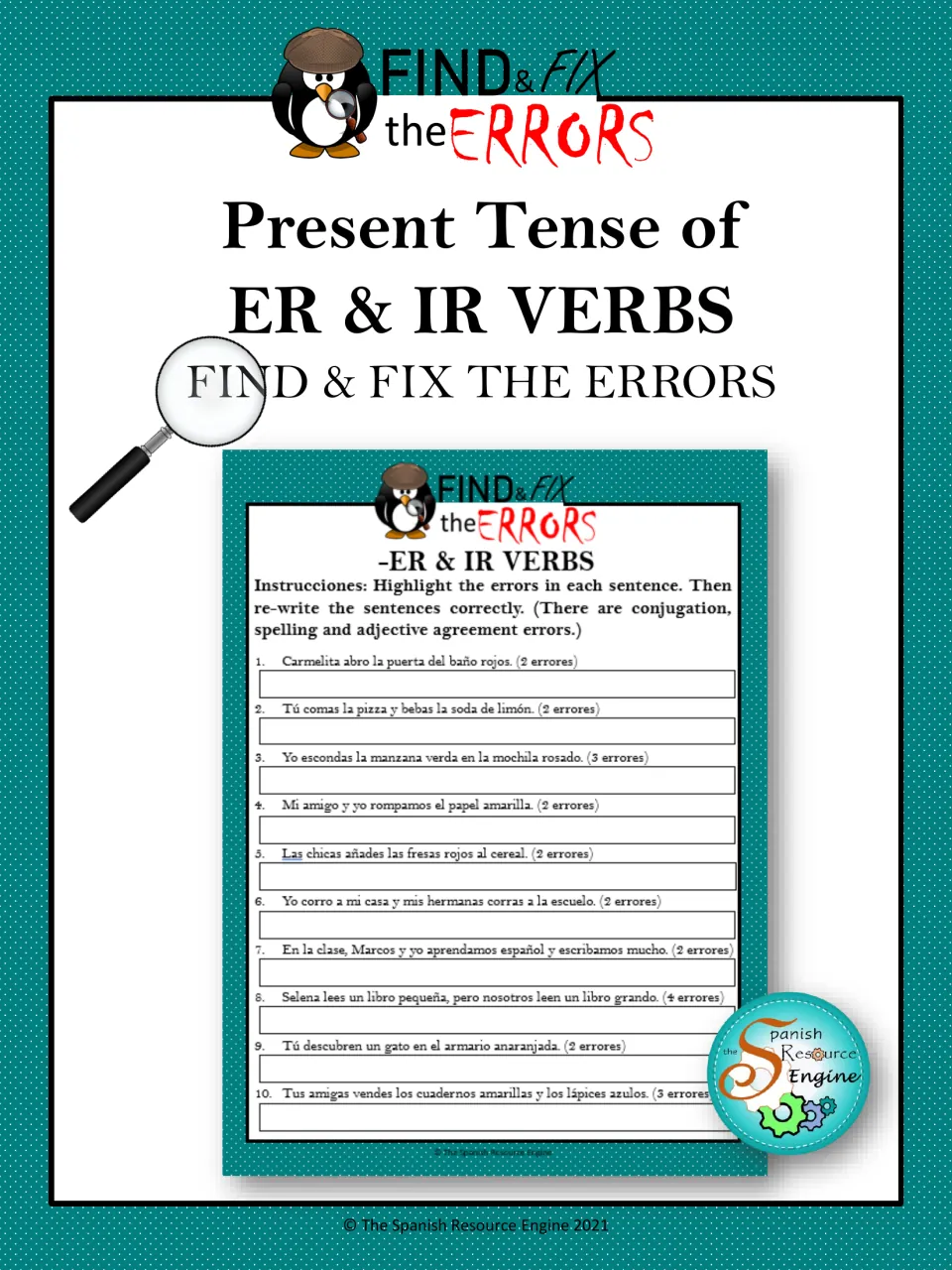 Cover for Present Tense of ER & IR Verbs Find & Fix the Errors, previewing a 10-sentence error-correction worksheet