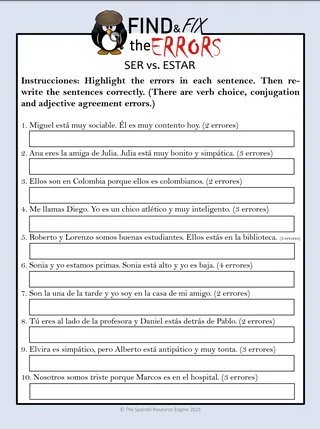 Spanish Ser vs. Estar – Find and Fix Errors – sample page 2