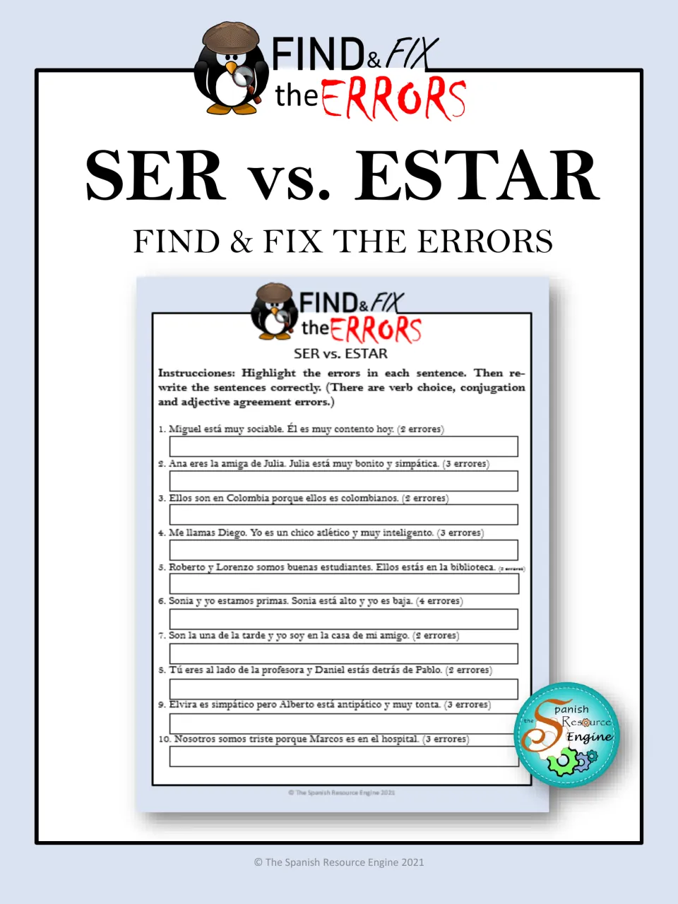 Ser vs. estar cover: Find & Fix the Errors title with a preview of the 10-sentence Spanish error-correction worksheet