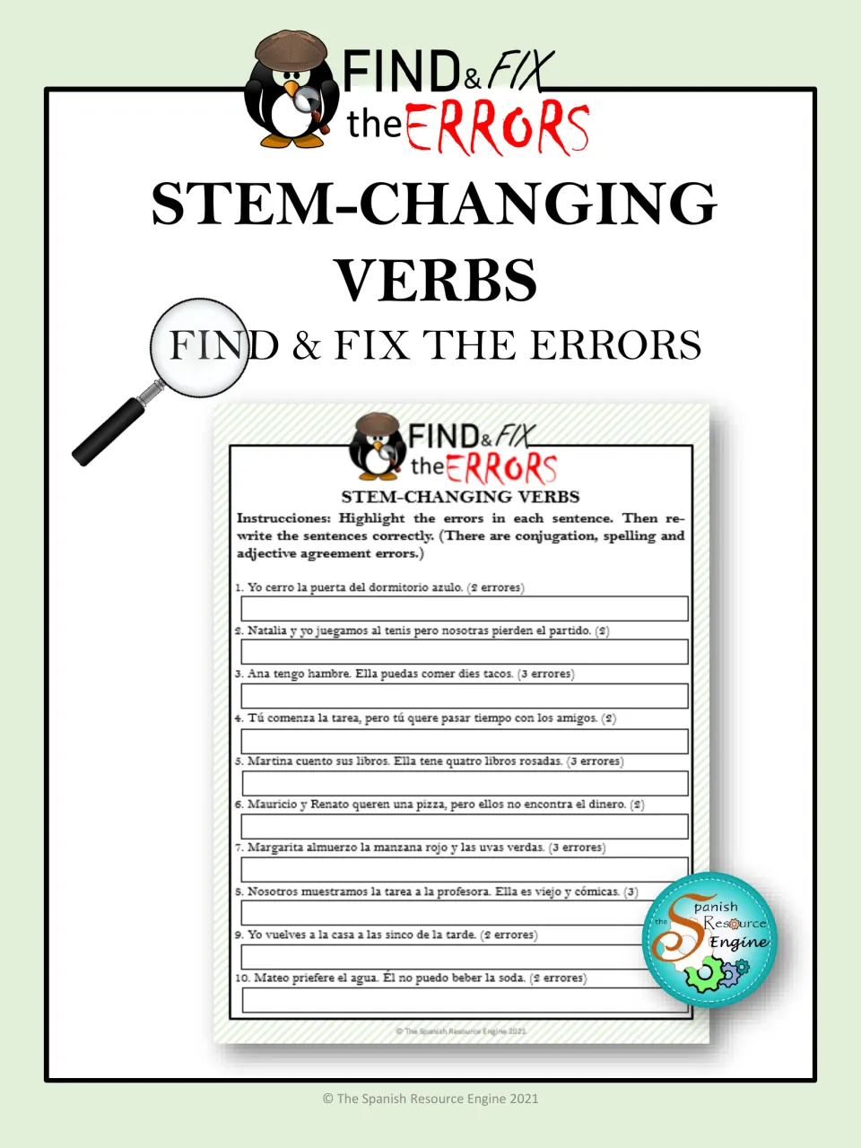 Cover of the Spanish stem-changing verb packet, featuring a preview of the find-and-fix error exercise.
