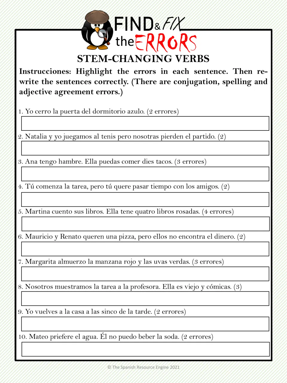 Error-correction exercise: 10 Spanish items targeting stem-changing verbs, spelling, and adjective agreement.