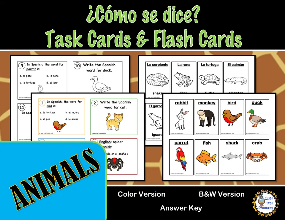Cover of the Spanish animal flashcard and task card resource, showing sample cards and version options