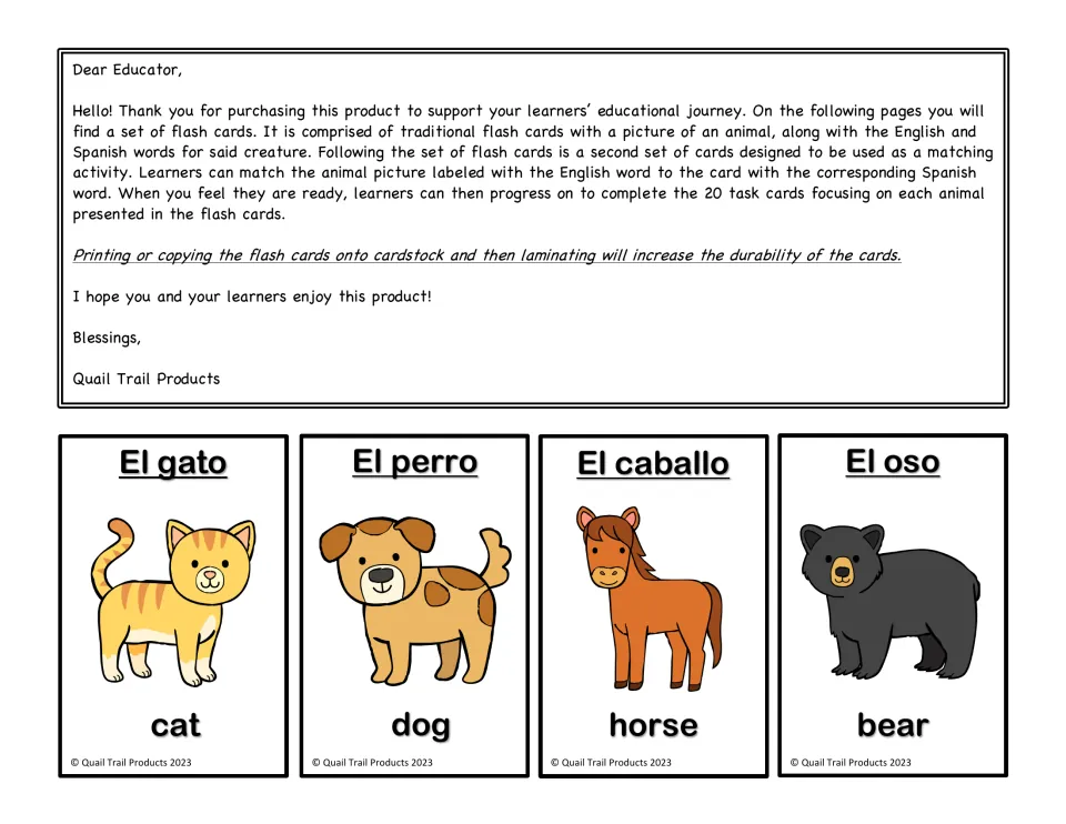 Bilingual flashcards 1–4: el gato (cat), el perro (dog), el caballo (horse), el oso (bear), plus directions
