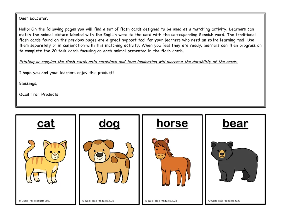 English picture matching cards 1–4 show cat, dog, horse, and bear, with directions for matching Spanish words