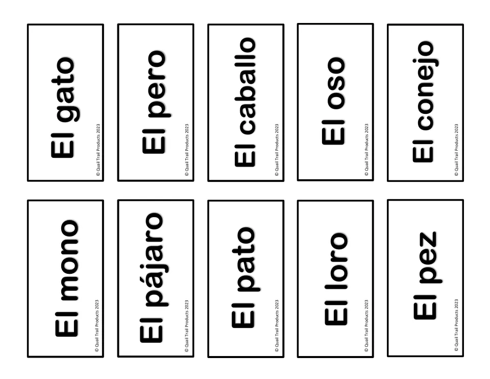 Spanish word matching cards 1–10: el gato (cat), el perro (dog), el caballo (horse), and seven more