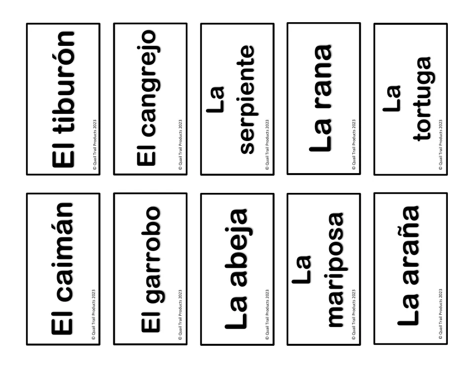 Spanish word matching cards 11–20: el tiburón (shark), el cangrejo (crab), la serpiente (snake), and seven more