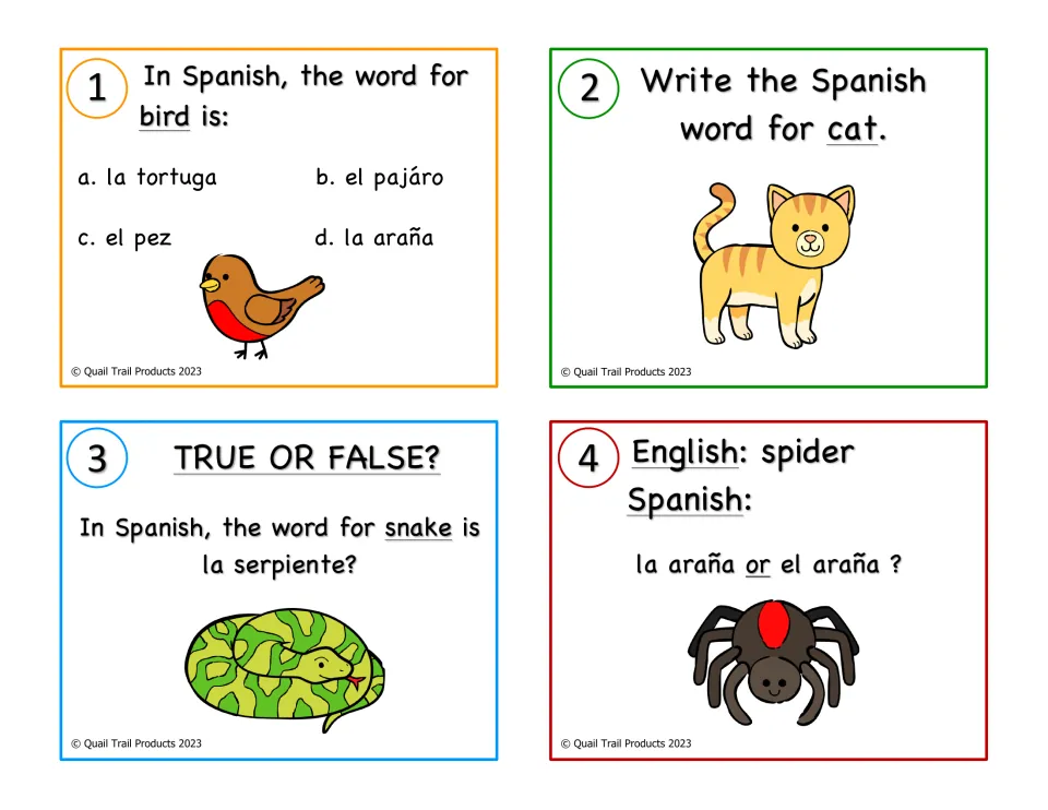Spanish animal task cards 1–4 ask for bird and cat vocabulary, a snake true-or-false answer, and la or el for spider