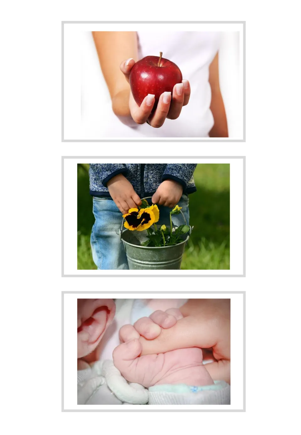 Unlabeled agarrar photo cards: a hand holding an apple, a child gripping a bucket, a baby clutching a finger