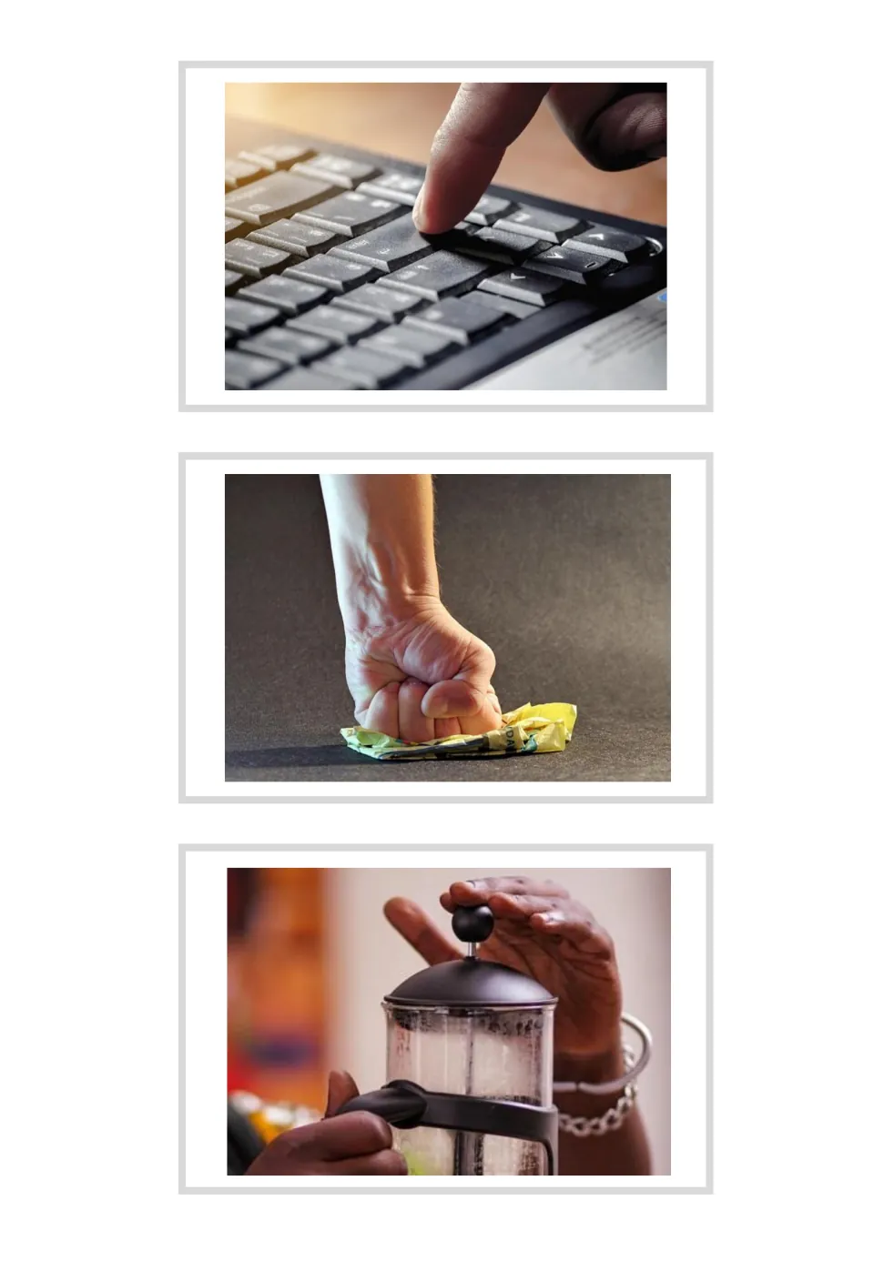Unlabeled apretar photo cards: a finger pressing a key, a fist squeezing paper, hands pushing a coffee press