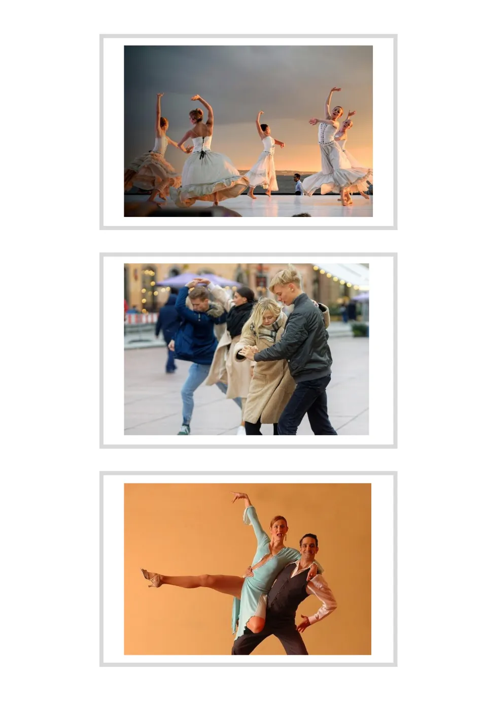 Unlabeled bailar photo cards: ballet dancers on stage, a group dancing in a street, a couple in a ballroom pose